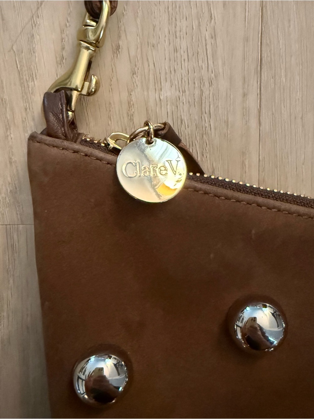 Clare V Lune Studded Brown Leather Shoulder Bag Silver Studs - Picture 3 of 11